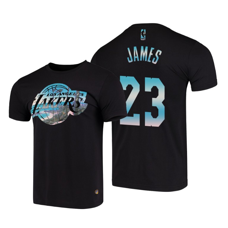 Men's Los Angeles Lakers LeBron James #23 NBA City Landmark Team Logo Black Basketball T-Shirt EBH8583MX
